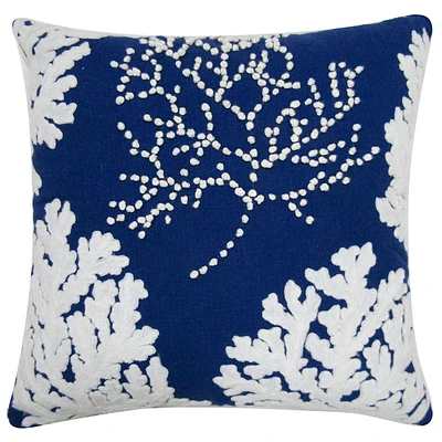 Providence Coral Embroidered Blue & White Throw Pillow, 18"