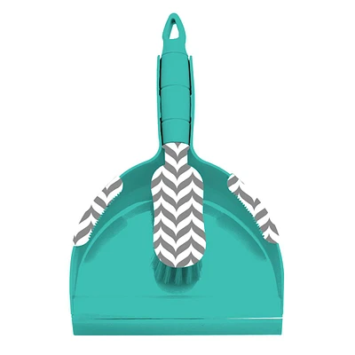 Grey & Teal Chevron Patterned Dustpan & Brush Set