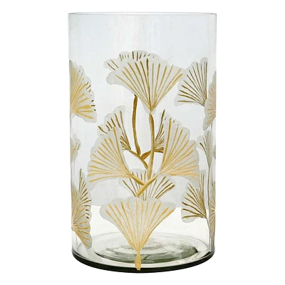 Etched Ginkgo Leaf Glass Hurricane Candle Holder, 10"