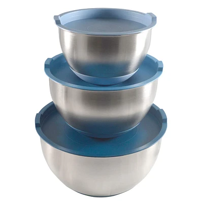 3-Piece Stainless Steel Mixing Bowls with Lids & Non-Skid Base, Blue