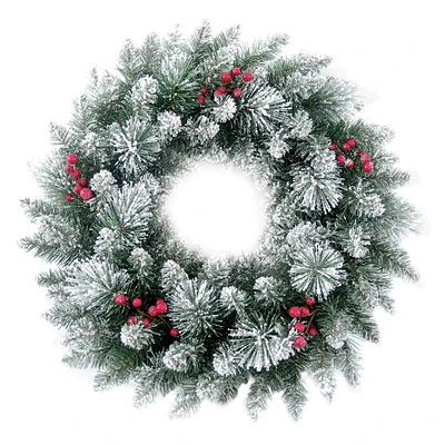 110-Tip Flocked Pine & Berry Wreath, 24"