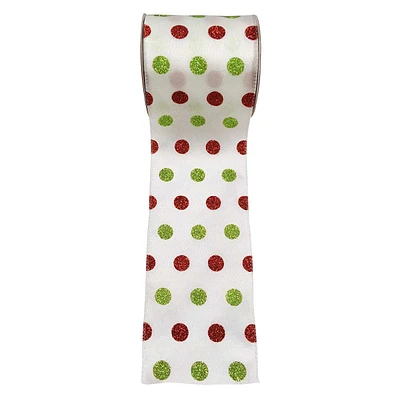 4" White with Green & Red Polka Dots Ribbon, 5yd