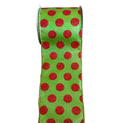 4" Green with Red Polka Dots Ribbon, 5yd