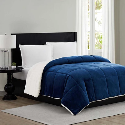 Solid Navy Blue Sherpa Comforter, King