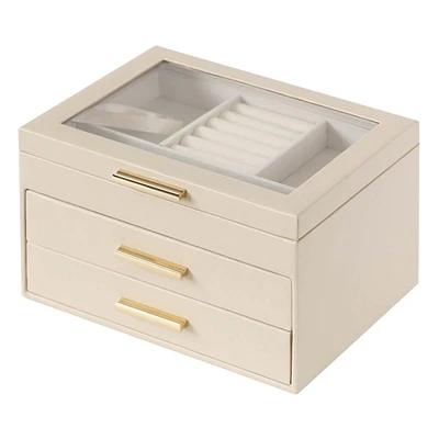 Vinyl Jewelry Organizer with Gold Handle Drawers, Beige