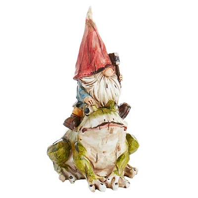 Gnome Riding on Frog Outdoor Garden Statue, 7"