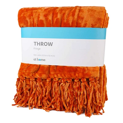 Dark Orange Fringe Throw Blanket, 50x60