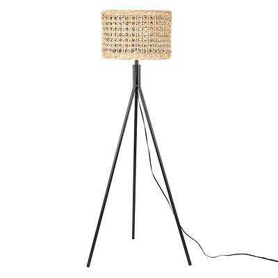 Black Metal Tripod Floor Lamp with Seagrass Shade, 60"