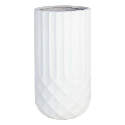 Tall White Cylindrical Diamond Ribbed Shadow Outdoor Planter