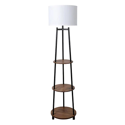 Wood & Metal Finish Shelf Floor Lamp with White Fabric Drum Shade, 64"