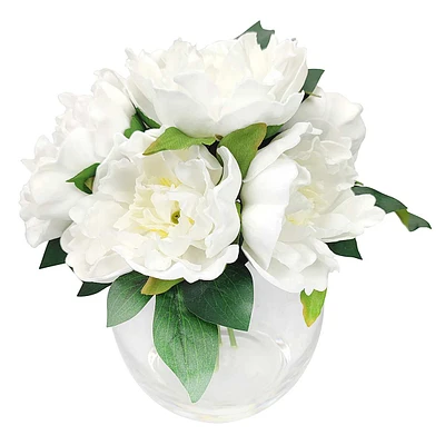 Providence White Real Feel Peony Arrangement in Glass Pot, 10"