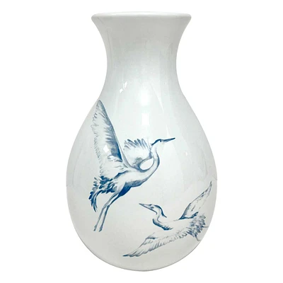 White Heron Print Ceramic Vase, 10"