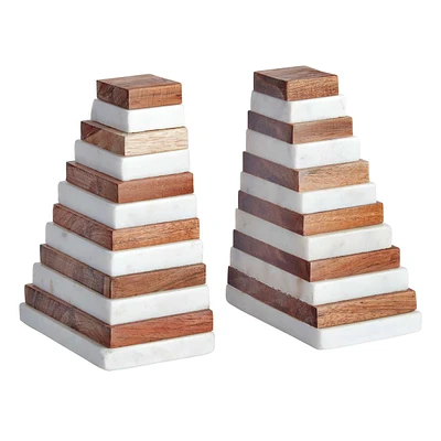 2-Piece Stacked Marble & Wood Bookends Set, 5"