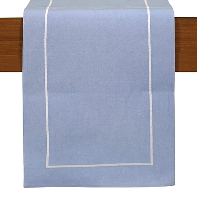 Blue Chambray Table Runner with White Embroidered Border, 72"