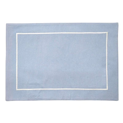 Set of 4 Blue Chambray Placemats with White Embroidered Border