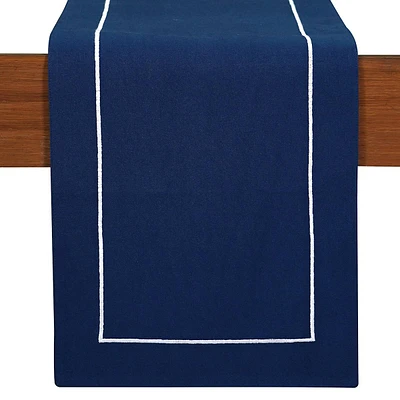 Navy Blue Table Runner with White Embroidered Border, 72"