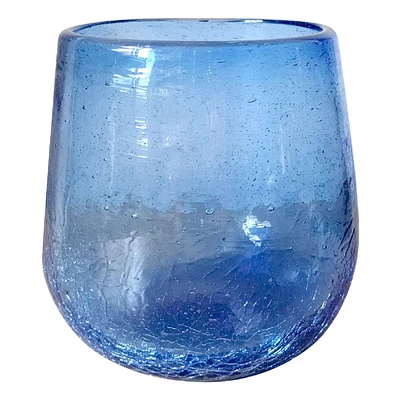 Cobalt Blue Crackle Glass Stemless Wine Glass, 14oz