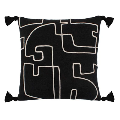 Crosby St. Black Abstract Embroidered Outdoor Throw Pillow with Tassels, 16"