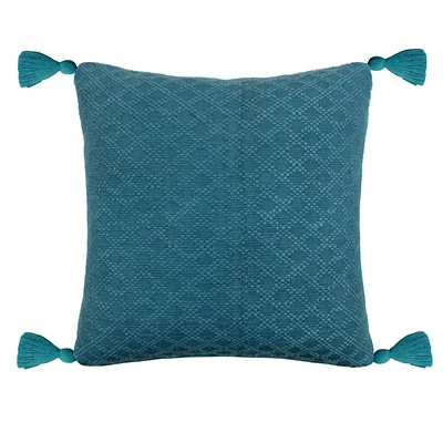 Dark Turquoise Textured Outdoor Throw Pillow with Tassels, 20"