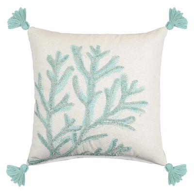 White & Aqua Coral Embroidered Outdoor Throw Pillow with Tassels, 20"