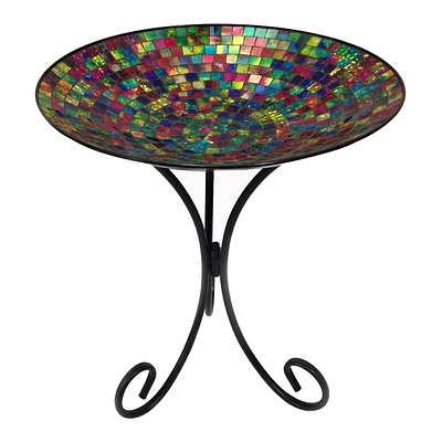 Multicolored Mosaic Tile Glass Outdoor Birdbath with Folding Metal Stand, 21"