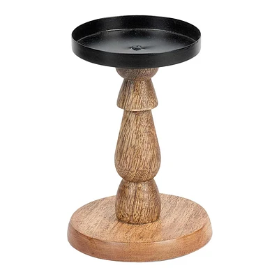 Wood Candleholder with Metal Plate, 5"