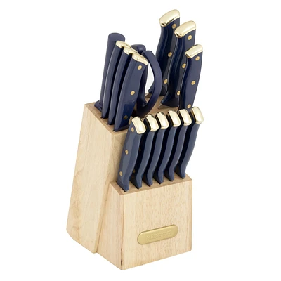 15-Piece Navy and Gold Handle Triple Riveted Knife Block Set