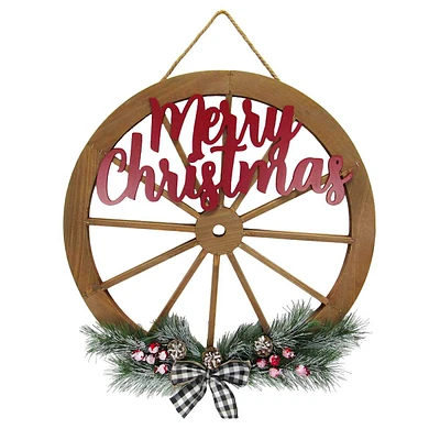 Merry Christmas Wooden Wagon Wheel Wall Decor, 24"