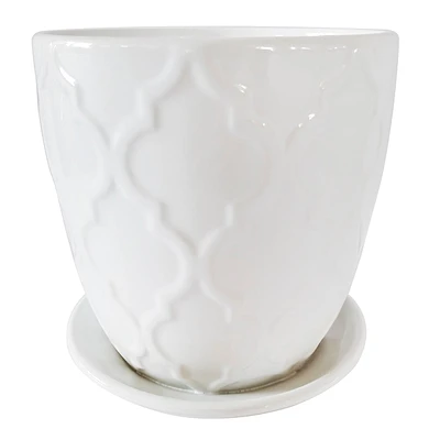 Indoor Embossed Ceramic Planter with Saucer