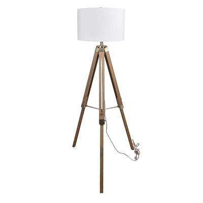 Metal & Wood Tripod Floor Lamp with White Fabric Drum Shade, 58"