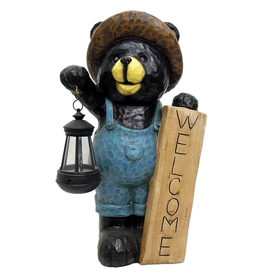 Welcome Bear Outdoor Statue with Solar Lantern, 17.5"