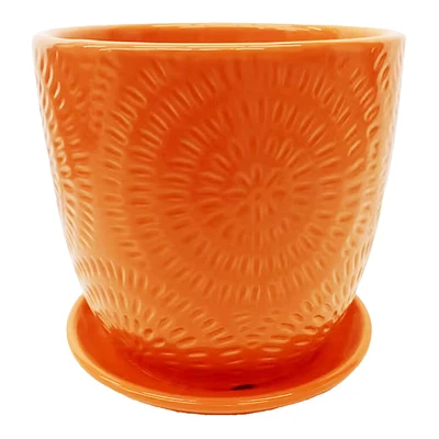 Indoor Orange Geo Pat Planter with Saucer, Small