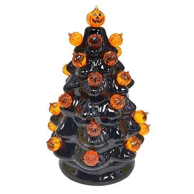 Pre-Lit Black Jack-o'-Lantern Ceramic Tree, 3"