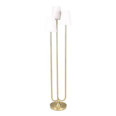 Providence Brushed Brass Triple Head Floor Lamp with White Fabric Shades, 65"