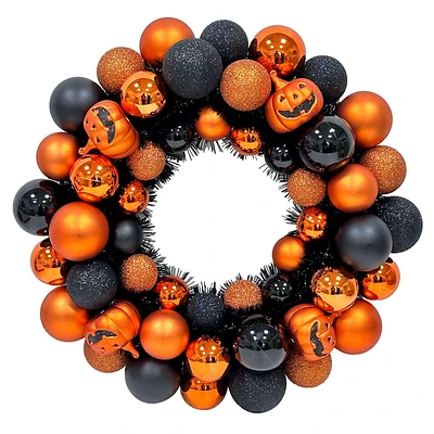 Black & Orange Ornament Wreath with Jack-o'-Lanterns, 15"