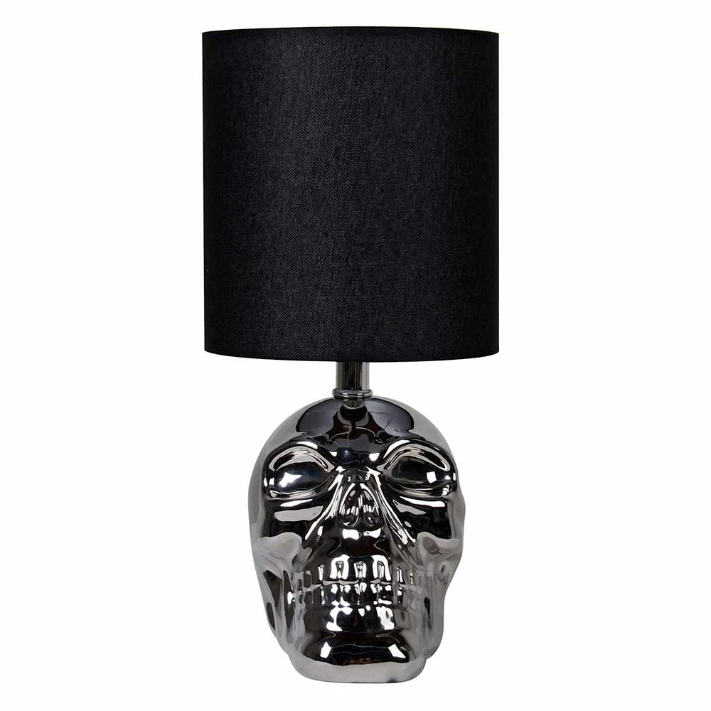 Mini Silver Ceramic Skull Lamp, 12"