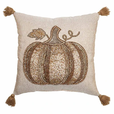 Beaded Pumpkin on Woven Ground Throw Pillow, 18"