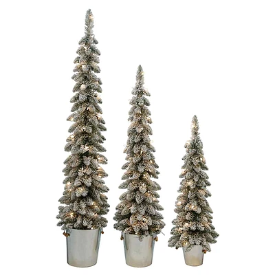 (A22) Set of 3 Pre-Lit Flocked Potted Christmas Tree, 3'/4'/5'