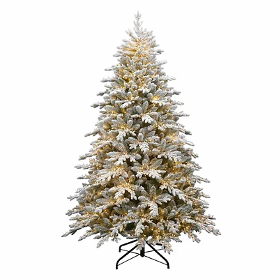 (B37) Pre-Lit Flocked Bradley Spruce Christmas Tree, 7.5'