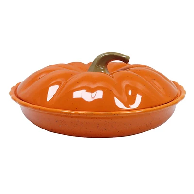 Pumpkin Shaped Ceramic Pie Dish with Lid, 12"