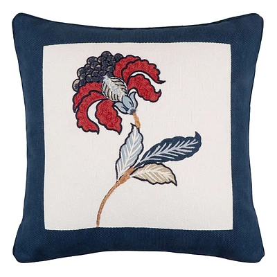 Providence Blue Embroidered Flower Throw Pillow, 18"