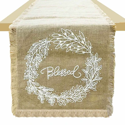 Blessed Embroidered Jute Table Runner, 72x13