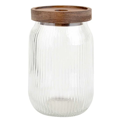 Clear Ribbed Glass Canister with Wooden Lid