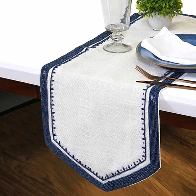 Neutral Jute Table Runner with Navy Beaded Border, 36x13