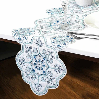 Blue & White Semi-Beaded Floral Print Table Runner, 36x13