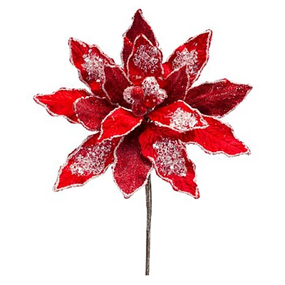 Red Flocked Velvet Poinsettia Floral Pick, 10"