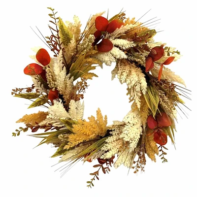 Cream Flocked Wheat & Leaves Mix Wreath, 22"