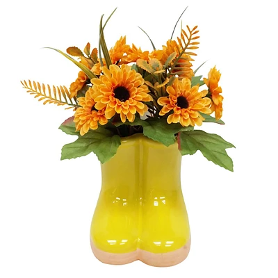 Mum Arrangement in Yellow Ceramic Rain Boot Vase, 9"