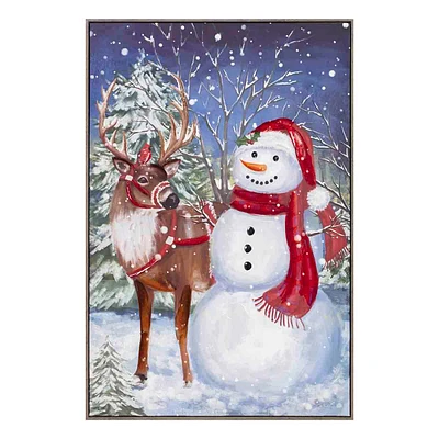 Framed Snowman Reindeer Canvas Wall Art, 24X36