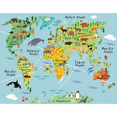 Children's Animal World Map Canvas Wall Art, 24x30